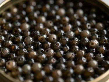 Extreme close-up of large, glistening grey Beluga caviar pearls in a dark tin, soft golden light, shallow depth of field, moody dark-field photography.