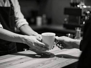 Softly lit image of a barista handing a coffee to a customer, focusing on hands and the cup, blurred monochrome background, warm wood counter, high-contrast side-lighting, 35mm lens.