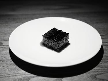 Artfully plated monochrome dish, strong shadows, clean lines, warm wood table, high-contrast lighting, 35mm lens.