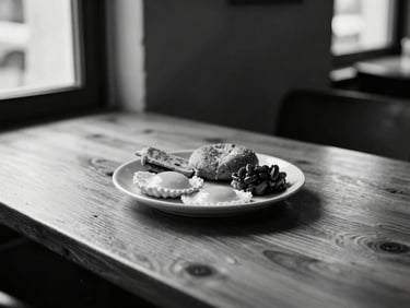 Minimalist table setting with a plate of gourmet breakfast, warm natural light filtering through windows, soft shadows, warm wood texture, high-contrast monochrome, 35mm lens