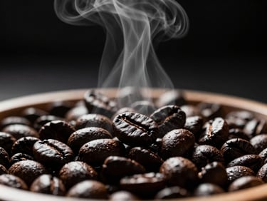 Tight macro shot of coffee extraction, dark roasted beans, steam rising, high-contrast side-lighting, deep blacks, crisp whites, warm wood accents, 35mm lens