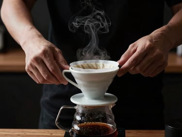 Close-up of hands preparing a pour-over coffee, steam rising, against a dark, minimalist background with warm wood accents, high-contrast side-lighting, 35mm lens.