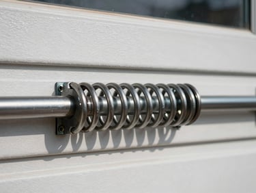 Close-up of a heavy-duty steel torsion spring newly installed on a garage door shaft, high-contrast industrial lighting, sharp focus.