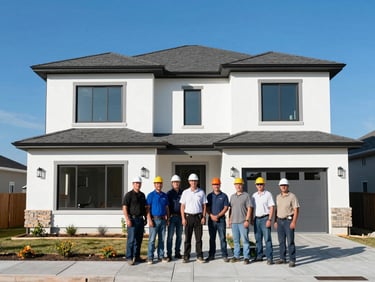 A group of professional roofing installers standing together in front of a newly completed modern home in West Valley City, clear sunny day