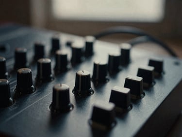 Extreme close-up of vintage analog synthesizer knobs and patch cables, low-key moody lighting, shallow depth of field, desaturated charcoal tones, 35mm film.