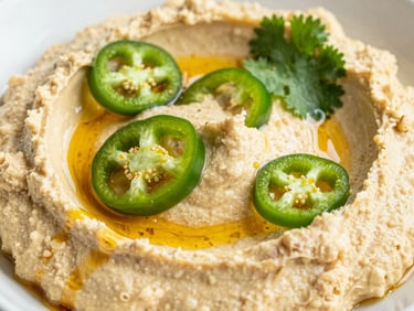Macro close-up of Spicy Jalapeño hummus, garnished with thin slices of fresh green pepper, cilantro leaves, and a drizzle of chili oil.