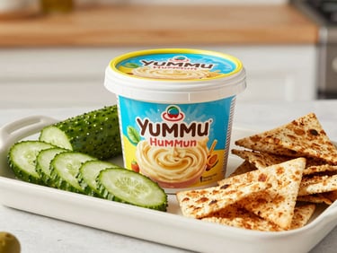 A bright, colorful tub packaging shot of Yummy Hummus Snack Packs, paired with crisp cucumber slices and toasted pita chips in a neat tray.