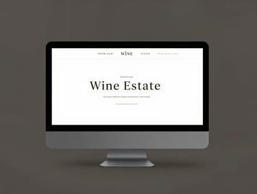 Minimalist desktop mockup of a premium wine estate website, dark charcoal interface, clean typography, sharp focus