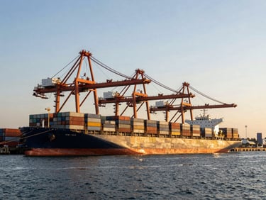 Wide-angle dramatic golden hour view of container ships docked at Mumbai port, massive industrial cranes loading freight, deep navy water, clear sky.