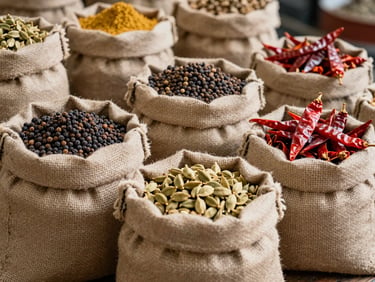 Aromatic whole Indian spices including black pepper, cardamom, and dried red chillies in clean burlap sacks inside a warehouse