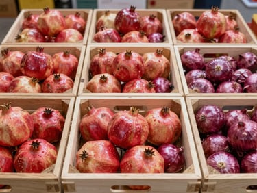 Fresh premium Indian pomegranates and red onions arranged neatly in export-grade wooden crates, bright daylight