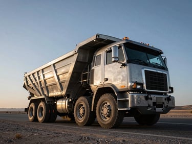 Low-angle dramatic industrial photography of a massive heavy transport convoy on a desert highway at dawn, high-contrast metallic tones, 35mm lens