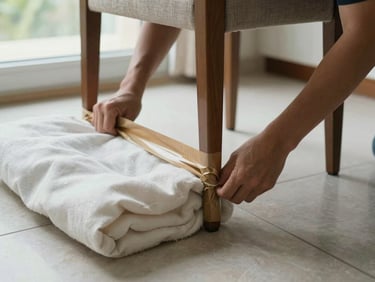Hands wrapping chair legs with thick moving blankets and securing with brown tape on a tiled floor, natural daylight from a nearby window, foam padding visible beside