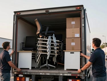 Wide shot of office moving crew loading stacked office chairs and flat-packed desks into a large truck bed in early morning light, organized rows of labeled boxes visible