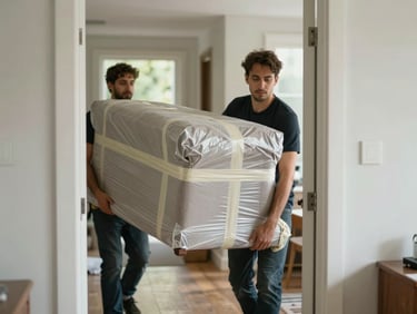 Close-up of moving crew carrying a wrapped sofa through an apartment doorway in natural daylight, protective blanket secured with tape, hallway visible behind