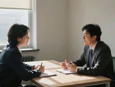 Environmental shot of a one-on-one executive conversation in a quiet office corner, two people seated across a small table with notebooks, window light casting soft shadows on the table surface, candid moment mid-discussion