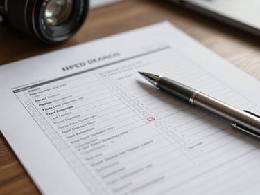 Close-up overhead of a structured diagnostic worksheet on a desk, pen resting beside checkboxes, office desk surface visible, soft diffused daylight from the side