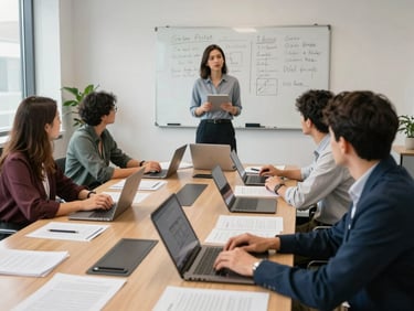 Mid-shot of a leadership workshop in progress, participants around a conference table with printed materials and laptops open, facilitator standing near a whiteboard with handwritten notes, natural office light