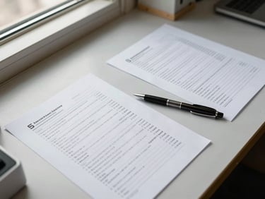 Close overhead view of a workshop table with printed diagnostic questionnaires, a pen resting on the paper, handwritten notes visible in the margins, soft office daylight from a window off-frame to the left