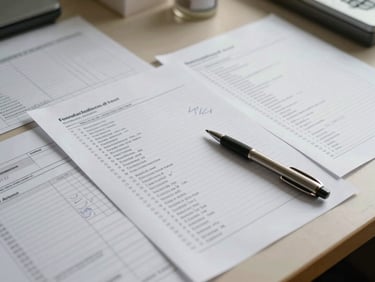 Close overhead view of a workshop table with printed diagnostic questionnaires, handwritten annotations in margins, a pen resting mid-page, natural office light from the side, no faces visible