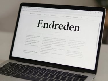 Close-up of a laptop screen displaying a structured editorial website with large serif typography and precise grid columns, photographed on a light desk under diffused studio lighting, no reflections