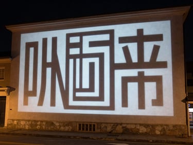Wide-angle night shot of a projection mapped onto a building facade — typographic forms and geometric shapes rendered in high contrast light on dark architecture, street context visible at the lower frame