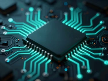 Macro shot of a silicon microchip with glowing cyber-teal circuit lines, low-key dramatic studio lighting, high-contrast cybernetic mood.