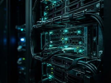Extreme macro photography of server rack glowing with neon teal indicators, dark metallic surfaces, high-contrast cybernetic mood.