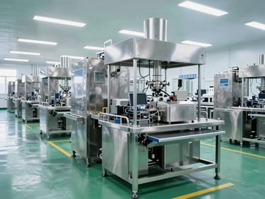 Modern factory floor, clean stainless steel equipment, bright daylight, high-CRI lighting
