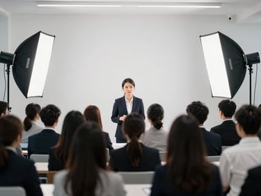Professional team members in action at a corporate event, subtle studio strobes, crisp high-contrast tones