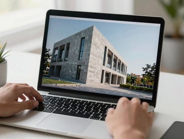 Close-up of a rugged outdoor workstation with a high-end laptop showing a crisp architectural photo, hands adjusting settings, soft studio lighting.