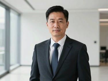 Professional headshot of a business executive, clean corporate interior background, precise studio lighting, high-contrast tones