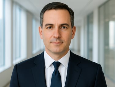 Professional headshot of a business executive in a modern office, crisp lighting, clean background, sharp 35mm lens