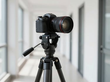 Close-up of a high-end camera body mounted on a heavy geared tripod head, pointing toward a clean modern interior corridor, sharp details.