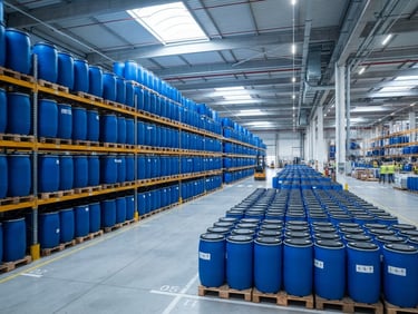 Wide-angle industrial warehouse interior with neatly stacked blue chemical drums, bright clean daylight, sharp focus, technical logistics setting.
