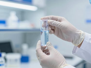 Hands in protective gloves holding a clear water testing vial with blue reagent, clean laboratory lighting