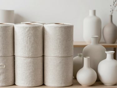 Straight-on eye-level shot of stacked linen textile rolls and modern ceramic vases inside a bright, organized contemporary distribution space, soft natural light, shallow depth of field.