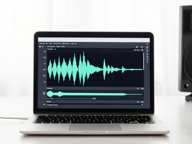 Close-up of audio waveforms on a modern laptop screen, bright daylight, minimalist home studio setup, sharp focus.