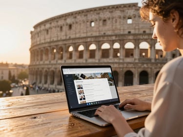 Uma pessoa em um laptop, visualizando uma lista de leads e mensagens de clientes em uma interface de CRM, com foco em comunicação, luz de escritório natural, warm editorial travel photography, bright natural golden-hour light.