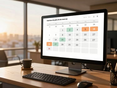 Interface de painel de controle de reservas em um monitor moderno, mostrando um calendário claro com datas de disponibilidade e slots de reserva, em um escritório bem iluminado, com luz natural, warm editorial travel photography, bright natural golden-hour light.