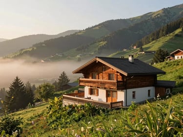 Cozy wooden chalet nestled in a lush green mountain landscape at sunrise, mist in the valleys, warm light, wide-angle architectural lens