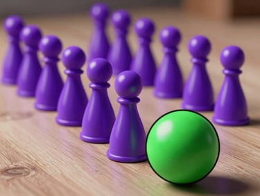 Flat cell-shaded vector illustration of neon purple plinko pegs with a bright green ball bouncing down, heavy black strokes.