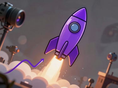 Vector cartoon illustration of a neon purple rocket taking off with a rising multiplier curve line, thick black outlines.
