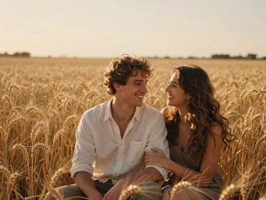 Una pareja riendo de forma espontánea en un campo de trigo dorado, luz de tarde filtrándose entre ellos, desenfoque de fondo suave, estilo cinematográfico de 35mm.