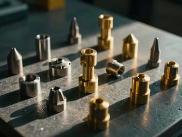 High-precision machined steel components and custom brass tooling parts resting on a dark industrial surface, sharp geometric shadows.