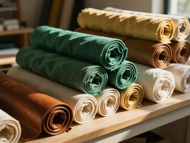 Elegant rolls of high-quality organic cotton textiles and premium finished leather hides stacked neatly in a sunlit architectural studio.
