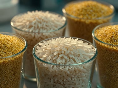 Close-up of polished long-grain Basmati rice and organic golden millets in minimalist glass containers, clean laboratory-style background.