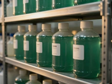 Minimalist industrial containers of specialty chemical compounds arranged on a stainless steel shelf, clean modern scientific facility.
