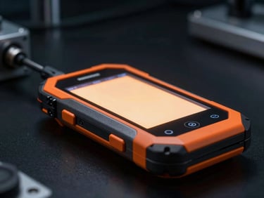 Macro shot of a ruggedized handheld Android terminal undergoing vibration testing in a dark laboratory, sharp safety-orange accents on the device chassis, cool metallic side-lighting