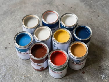 Close-up overhead flat lay of several paint cans open and stacked on a concrete warehouse floor, labels facing up, honest even studio lighting showing product volume